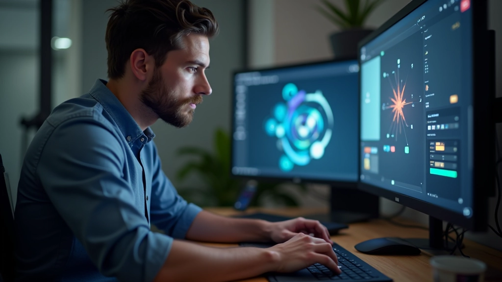 Designer arbeitet an Cursor-Design mit Grafiktablett und mehreren Monitoren, die verschiedene Pointer-Varianten zeigen