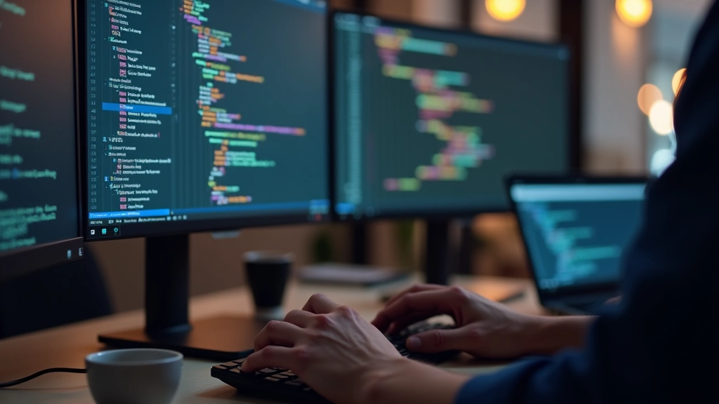Web-Entwickler arbeitet an CSS und JavaScript Code für Custom Cursor Implementierung, mehrere Monitore mit Code-Editor sichtbar